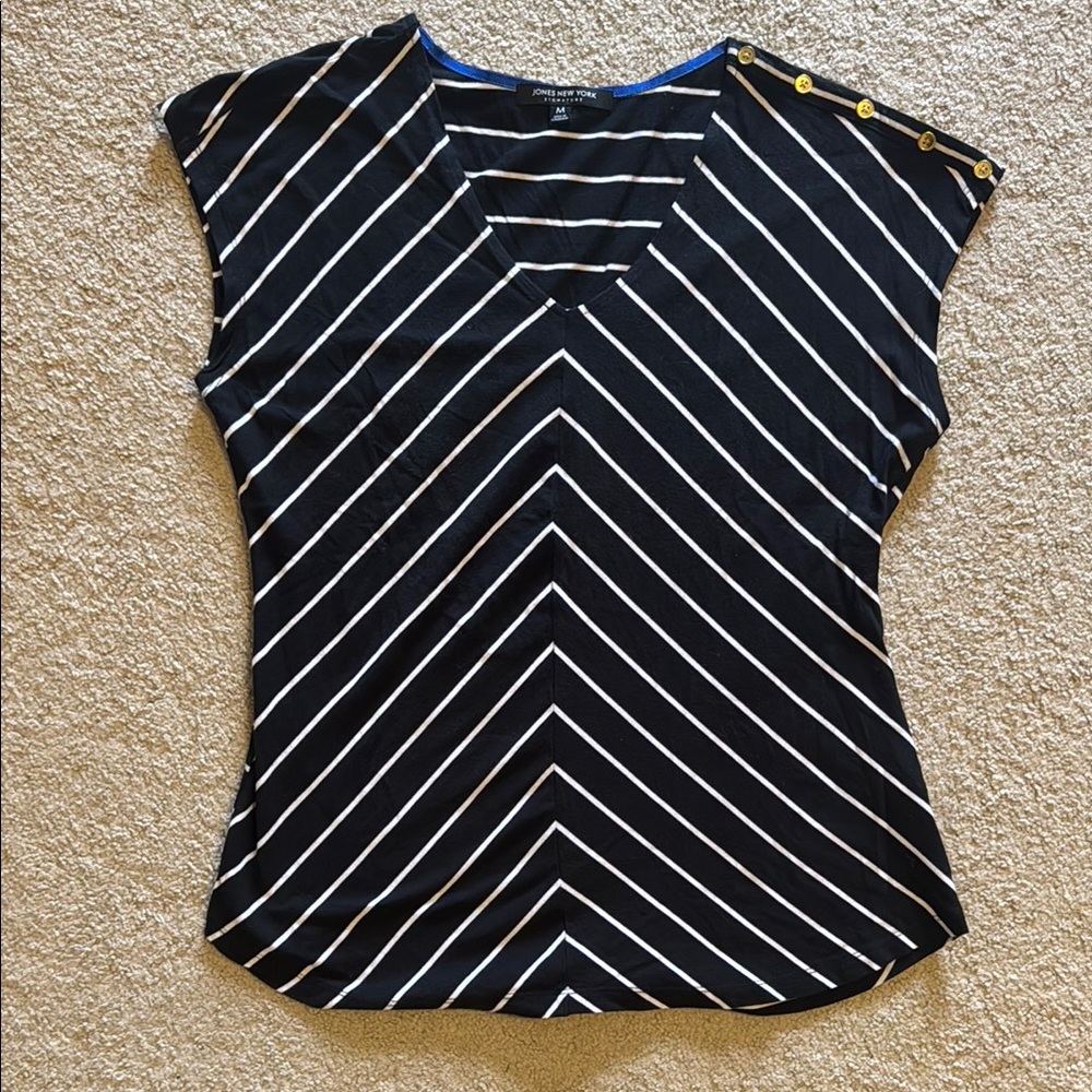 Jones New York Asymmetrical Black and White Fitted Blouse